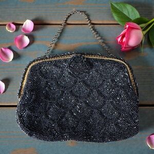 Elegant Black Beaded Evening Bag 1940’s made in France